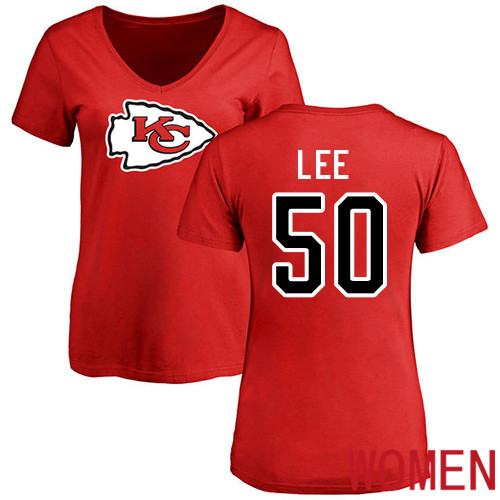 Women Kansas City Chiefs #50 Lee Darron Red Name and Number Logo Slim Fit NFL T Shirt->nfl t-shirts->Sports Accessory